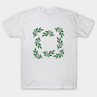 Simple watercolor green branches with pink berries T-Shirt